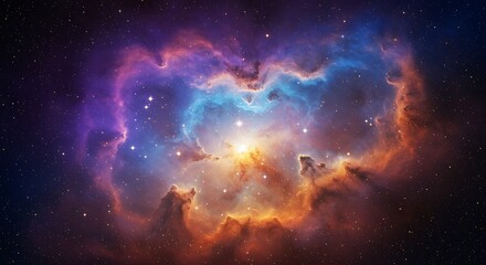 The photograph presents a majestic view of a galaxy or stellar nursery, with intricate patterns of radiant gas and dust, illuminated by a brilliant array of distant stars.