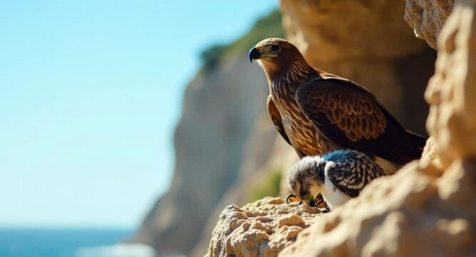 Bonelli&rsquo;s Eagle with vulnerable baby sheltered on cliff ledge captured in crystal-clear nature documentary video

