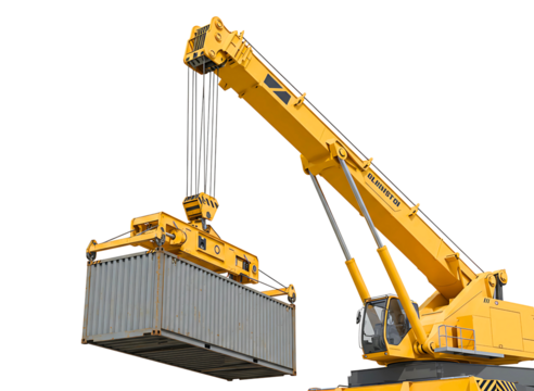 Yellow mobile crane lifting a shipping container isolated on transparent background