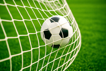 Soccer Ball in Goal Net with Green Field Background