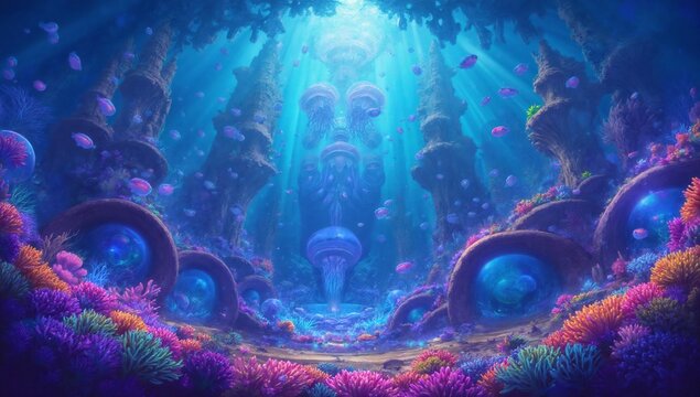 Magical underwater world with colorful coral, jellyfish, and fish