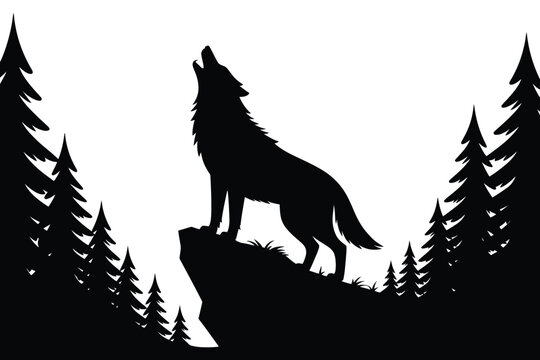 Black wolf howling on a rock silhouette with pine trees against white background