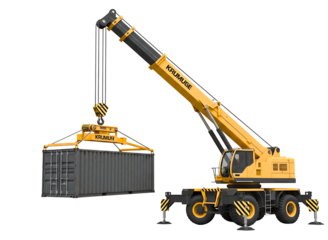 Yellow mobile crane lifting a shipping container isolated on transparent background