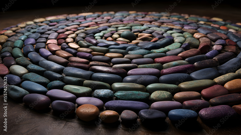 Poster arranging colorful smooth stones in spiral pattern on transparent background