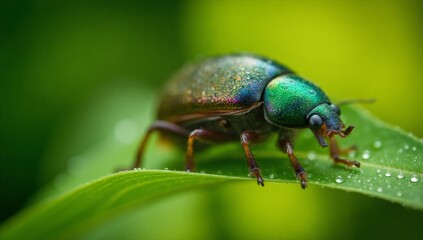 Fototapeta premium Macro close-up of a metallic green beetle on a wet green leaf with water drops