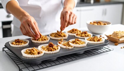 Hands Placing Nuts On Homemade Oat Muffins