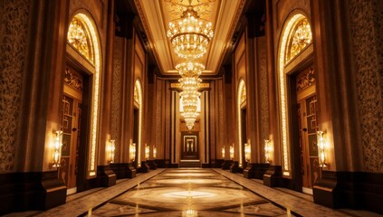 Obraz premium Luxurious grand hallway interior with ornate chandelier and marble floor