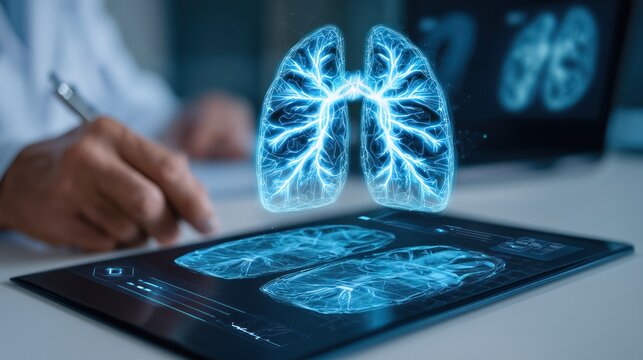 Medical Professional Examining 3D Lung Anatomy on Digital Tablet