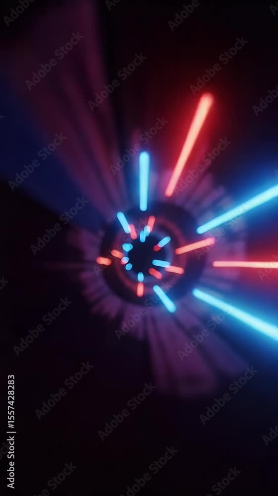 Poster abstract tunnel perspective with radiant red and blue light streaks and circular geometric patterns 