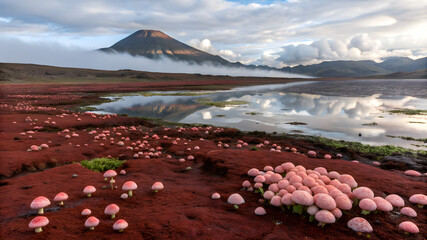 A vibrant red field dotted with pink flowers, set against a majestic mountain backdrop