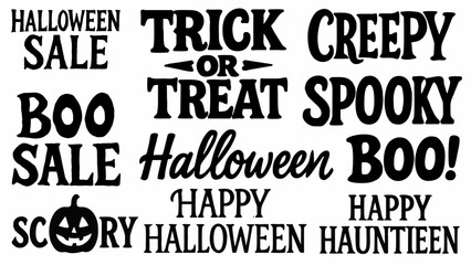 Halloween Typography Bundle - Trick or Treat, Boo, Sale, Spooky, Scary - Black and White Quotes Clipart