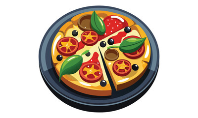 A delicious slice of pizza with pepperoni tomatoes olives mushrooms and fresh basil leaves on a dark plate presented as a vibrant flat illustration