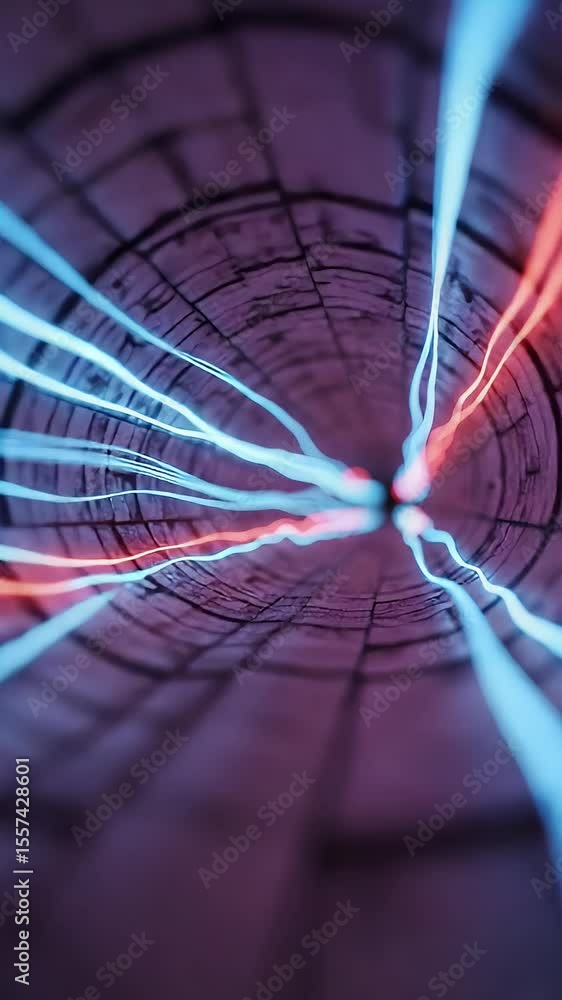 Poster abstract tunnel perspective with vibrant blue and red light streaks, emanating from the center of th