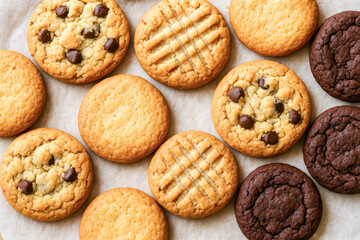 Top view of assorted cookies on baking paper, background includes chocolate chip, peanut butter, and rich double chocolate cookies