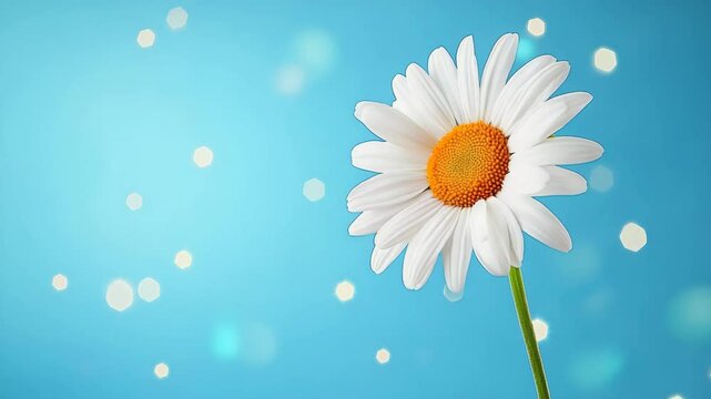 A single white daisy bloom with a yellow center stands out against a vibrant blue background with bokeh lights.