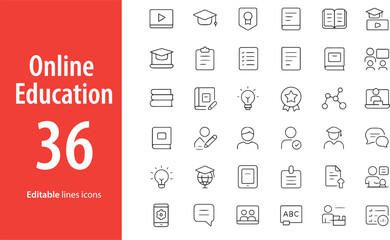 Online Education Line Icons, Laptop, Video Lecture, Certificate, Online Test, Graduation Cap, E-Book, Study Schedule, and More , Editable Formats: AI, EPS, JPG, PNG , Ideal for Both Digital and Print 
