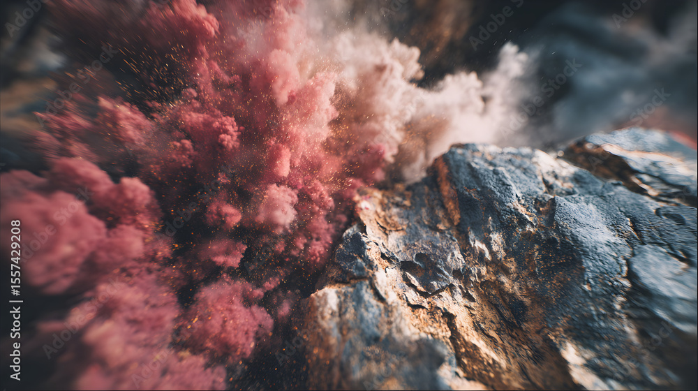 Poster exploding powder beside stone with dynamic color and texture