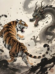 Ink painting of Dragon & Tiger, illustration symbolize the balance of opposing forces in the universe, also power, good luck, imperial authority, bravery, strength and courage 002