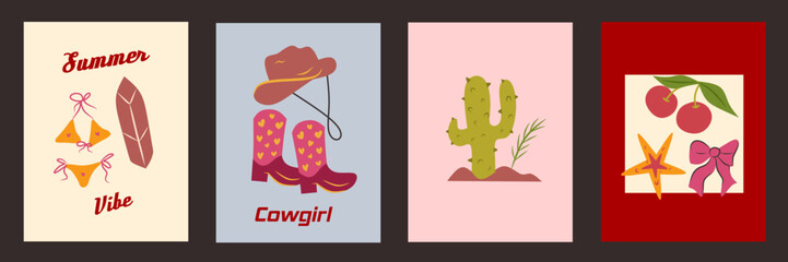 Hand drawn cowgirl coquettish cute illustration set, vector western bachelorette hand drawn party. Minimalist colorful background for card, poster, invitation, social media, printables collection.