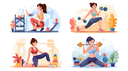 Fototapeta premium Fitness web page illustrations showing women in different training and wellness activities