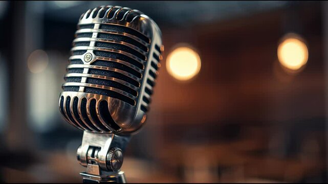 Close up vintage microphone in the background of a blurry scene