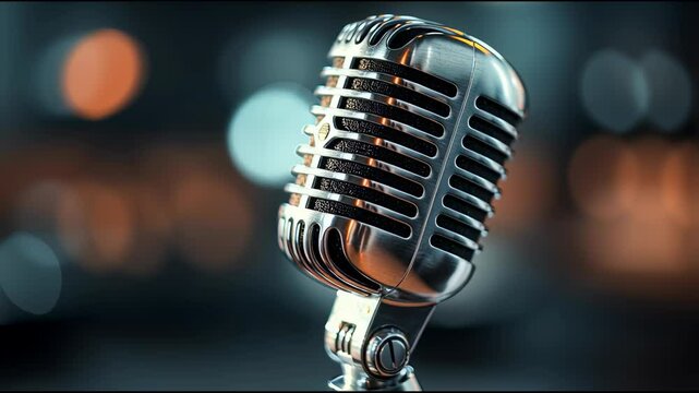 Close up vintage microphone in the background of a blurry scene