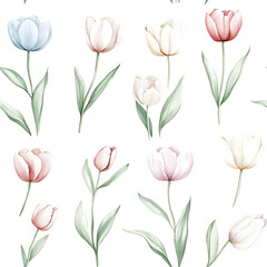 Fototapeta premium Soft pastel tulip flowers with green leaves on transparent background, delicate floral design for spring or decoration