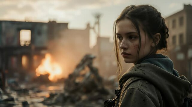 portrait of a young gorl in the city effected from world war sad reality about war