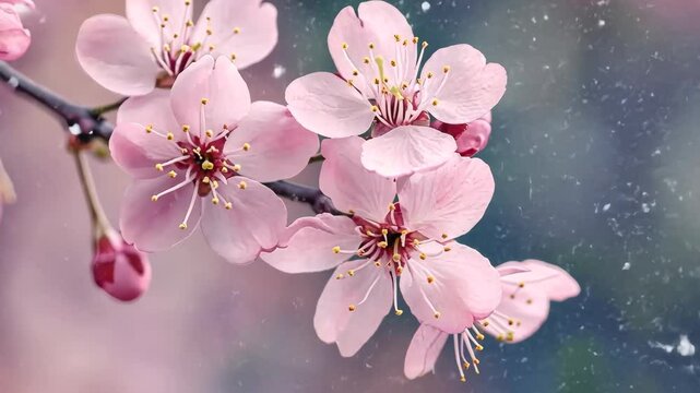 sakura blossom with snowfall on nature background	
