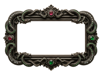 Ornate silver snake frame with red gemstones isolated on transparent background