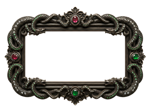 Ornate silver snake frame with red gemstones isolated on transparent background