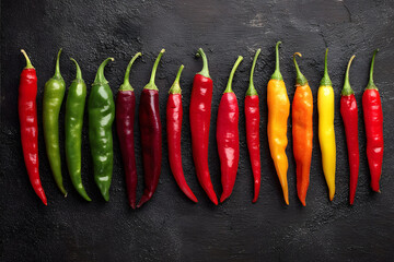Colorful Assortment of Chili Peppers on Dark Background