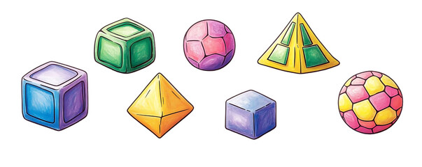 Geometric colorful shapes including cubes, spheres, and pyramids with artistic watercolor style and playful design