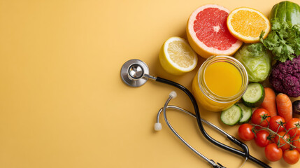 Healthy lifestyle composition showing fruit, vegetables, juice, and stethoscope for a holistic health message