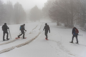 Quattro uomini seguono le tracce di un fuoristrada camminando sulla neve con le racchette
