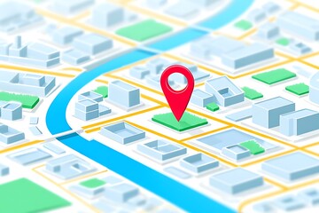 Red location marker on abstract city map with blue river and buildings image