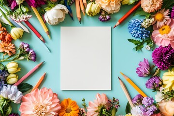A flat column of colored pencils and colored leaves, surrounded by flowers, creates an artistic backdrop for a wedding frame design.
