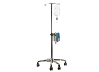 Medical iv stand with saline bag and tubing isolated on transparent background