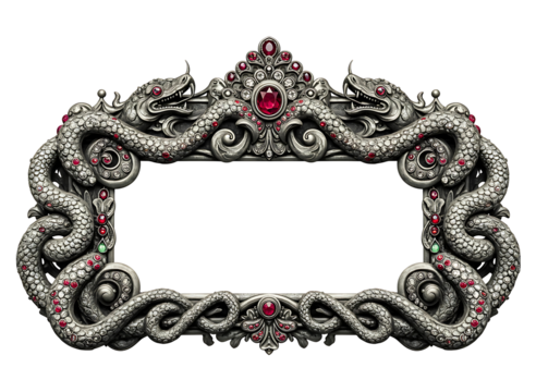 Ornate silver snake frame with red gemstones isolated on transparent background - Powered by Adobe