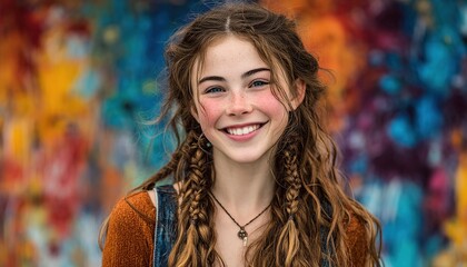 Young girl smiling against a colorful abstract background