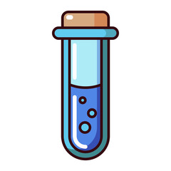 Test tube with blue liquid and stopper cartoon style isolated on white background.