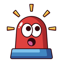 Cartoon red siren alarm with shocked face and flashing lights isolated on white background.