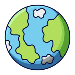 Cartoon Earth planet with blue ocean and green continents isolated on white background.