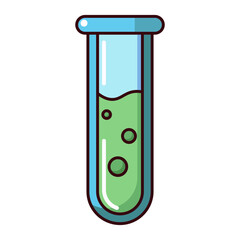 Test tube with green bubbling liquid cartoon style isolated on white background.