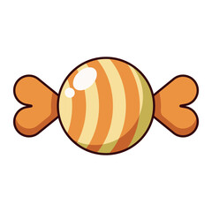 Orange striped candy with heart-shaped wrapper cartoon style isolated on white background.