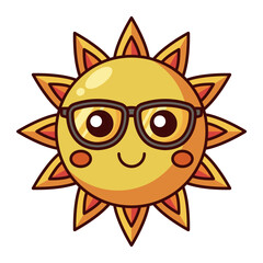 Cute sun cartoon character with glasses and smiling face isolated on white background