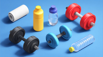 Isometric vector design of gym tools like dumbbells and water bottles promoting an active life
