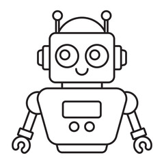 Cute robot character black and white outline cartoon isolated on white background