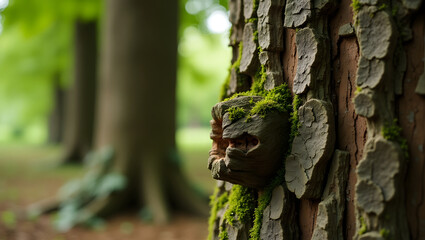 Nature's Artistry A Textured Tree Trunk with a Mossy Growth Mimicking a Face in a Serene Forest Setting