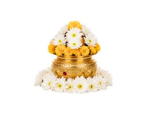 Ornate golden kalash decorated with marigold flowers isolated on transparent background
